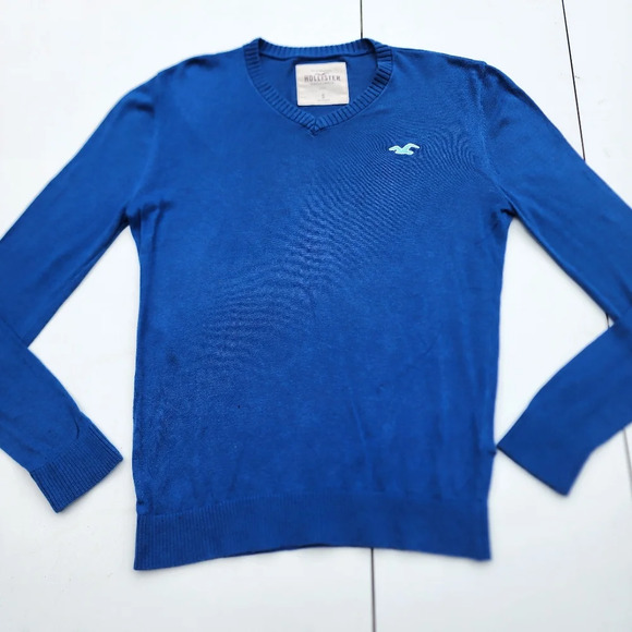Hollister Sweater Mens Blue Logo Cottton Blend V-Neck Pullover Sz S - Picture 1 of 10